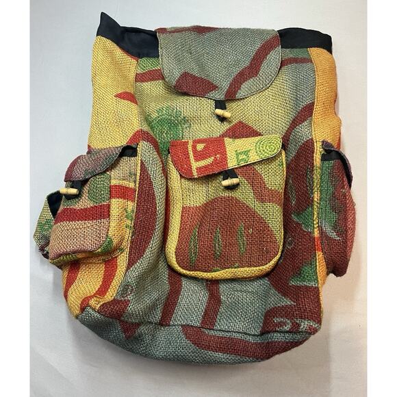 KayJayStyles Handmade Burlap Backpack Made in Nepal Multicolor - Picture 2 of 6